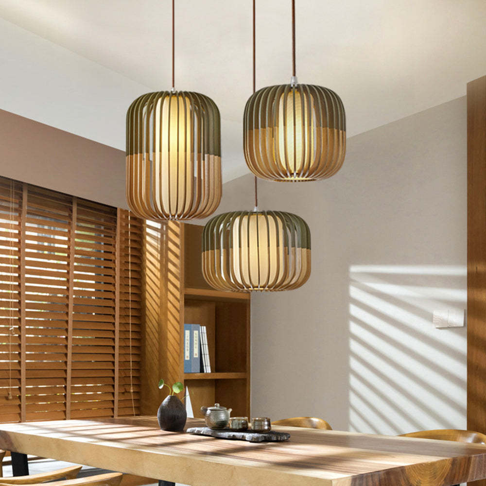 Muto Wood Birdcage Pendant Light — Modern Oval Shape, 3-Color Adjustable Lighting