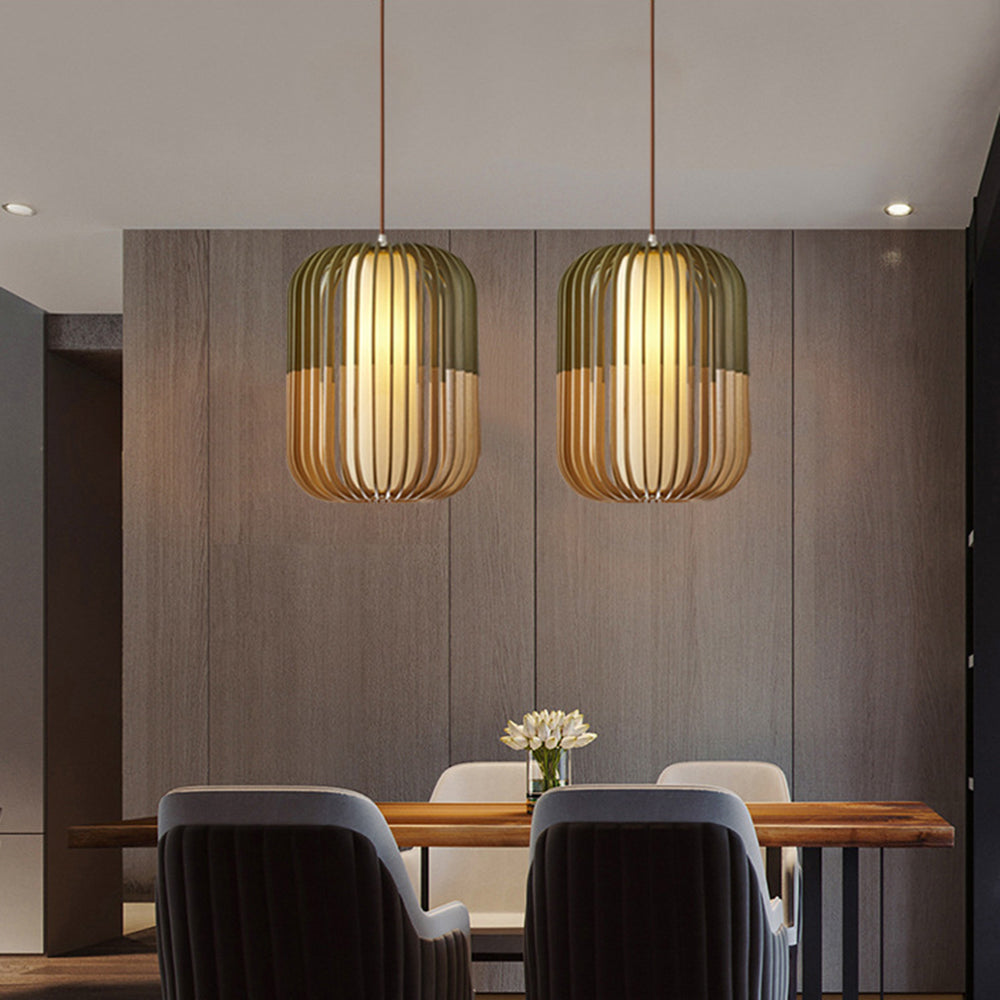 Muto Wood Birdcage Pendant Light — Modern Oval Shape, 3-Color Adjustable Lighting