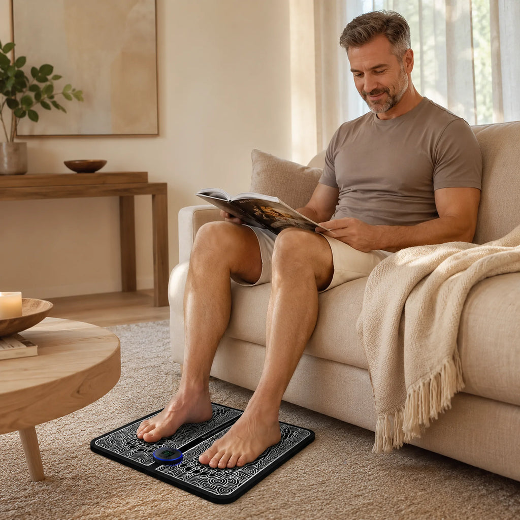 EMS Foot Massager Pad – 8 Modes, 19 Intensity Levels, Remote, Foldable