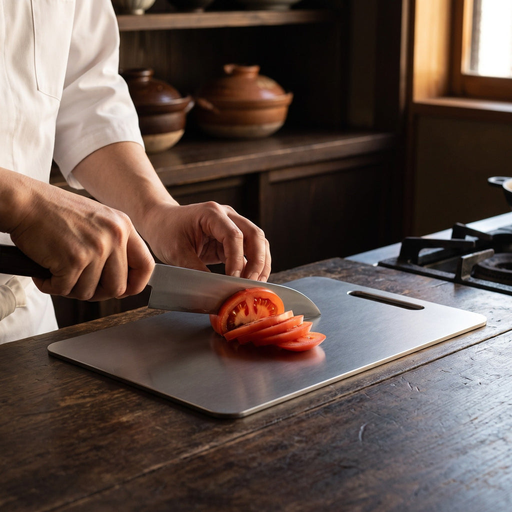 Cook slicing tomatoes on a titanium cutting board in a home kitchen