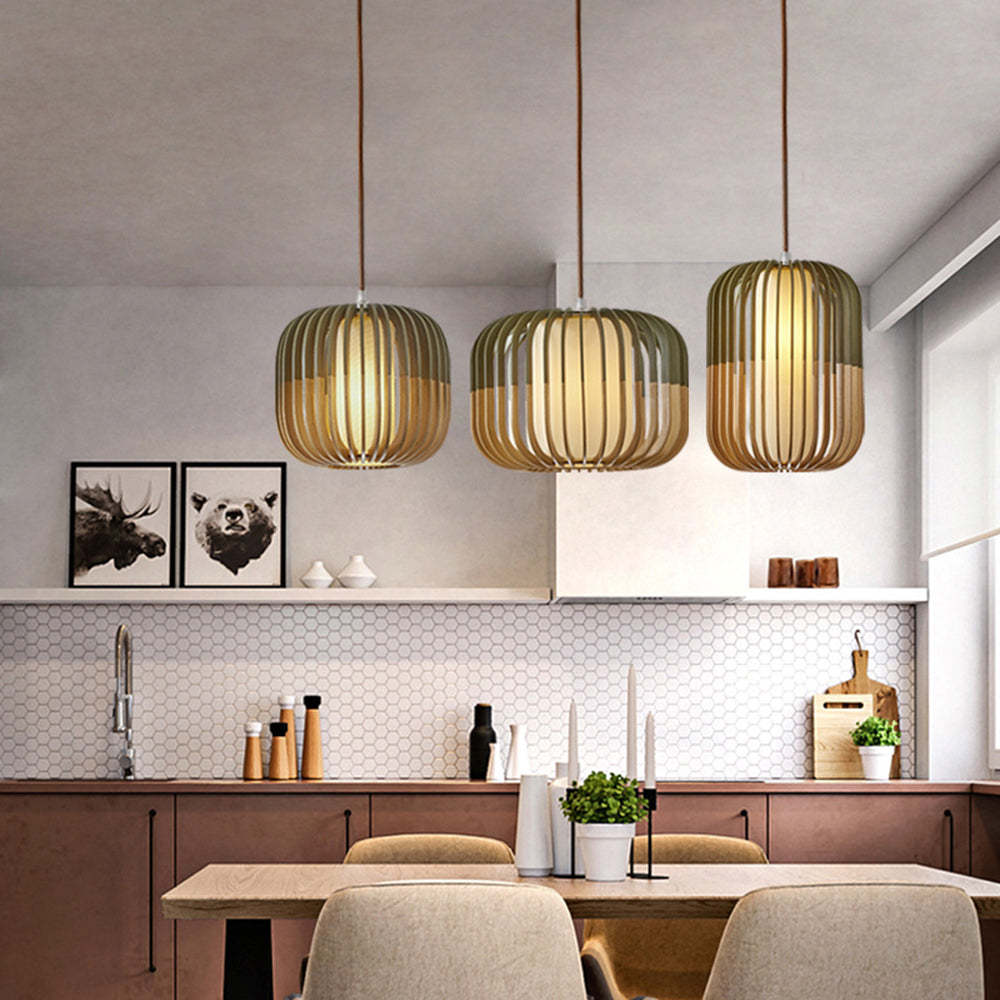 Muto Wood Birdcage Pendant Light — Modern Oval Shape, 3-Color Adjustable Lighting