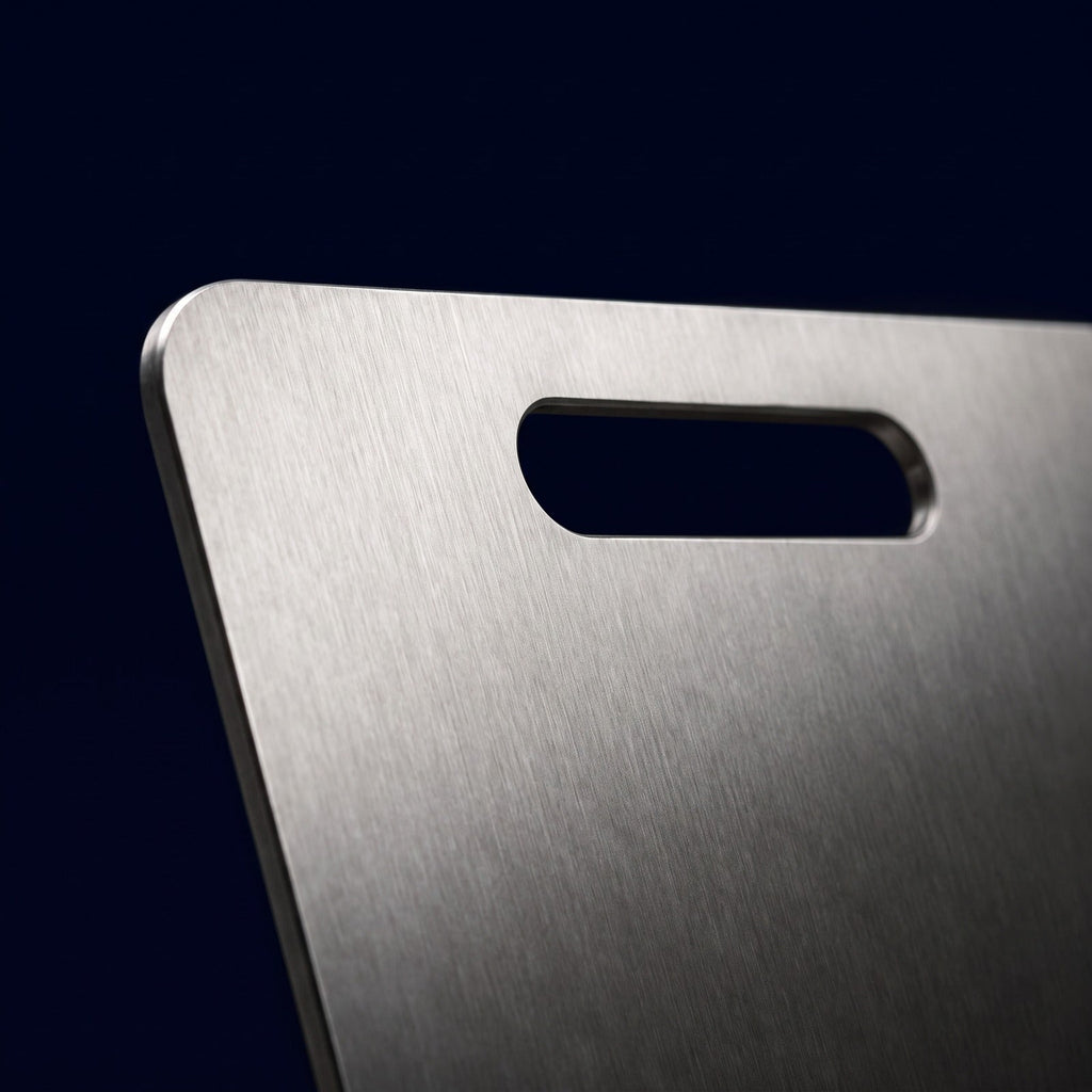 Close-up of the brushed titanium surface and rounded handle cut-out
