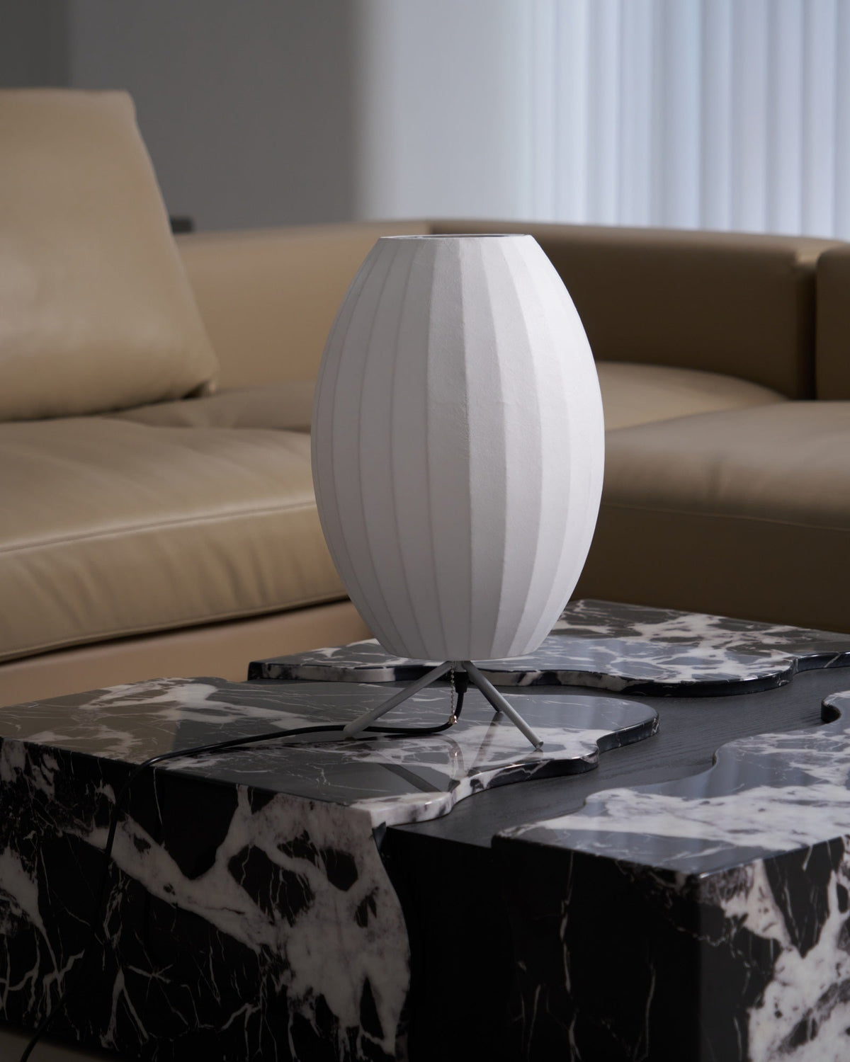 Sphere Form Table Lamp — Triangular Base, Warm Glow