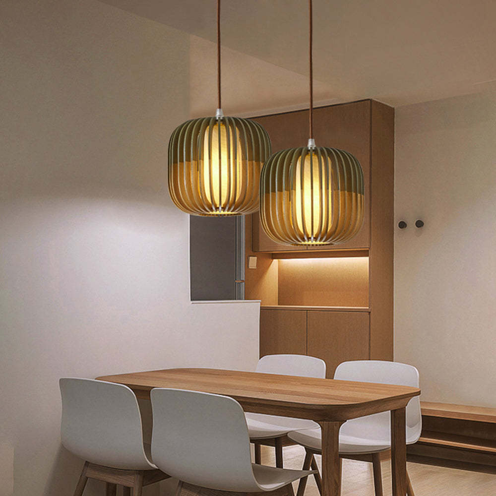 Muto Wood Birdcage Pendant Light — Modern Oval Shape, 3-Color Adjustable Lighting