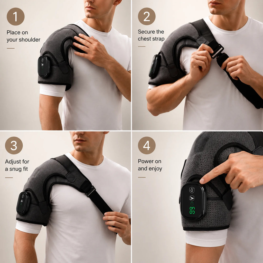 Uppvärmd axelmassageomslag – 3 värmenivåer, 3 vibrationslägen, sladdlös