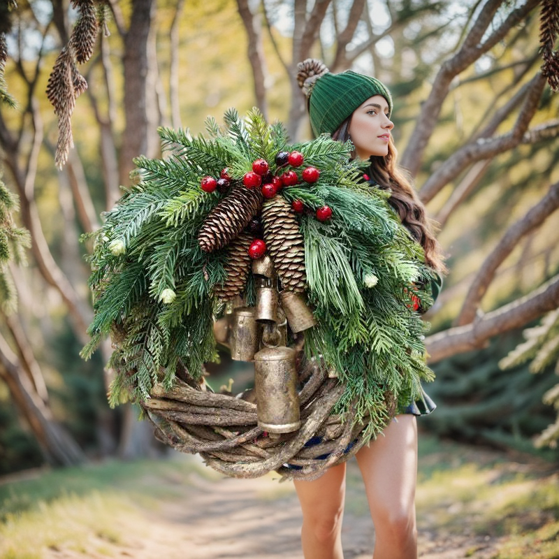 Boho-Weihnachtskranz mit rustikalem Rebenboden, Kiefernzapfen und goldenen Glocken