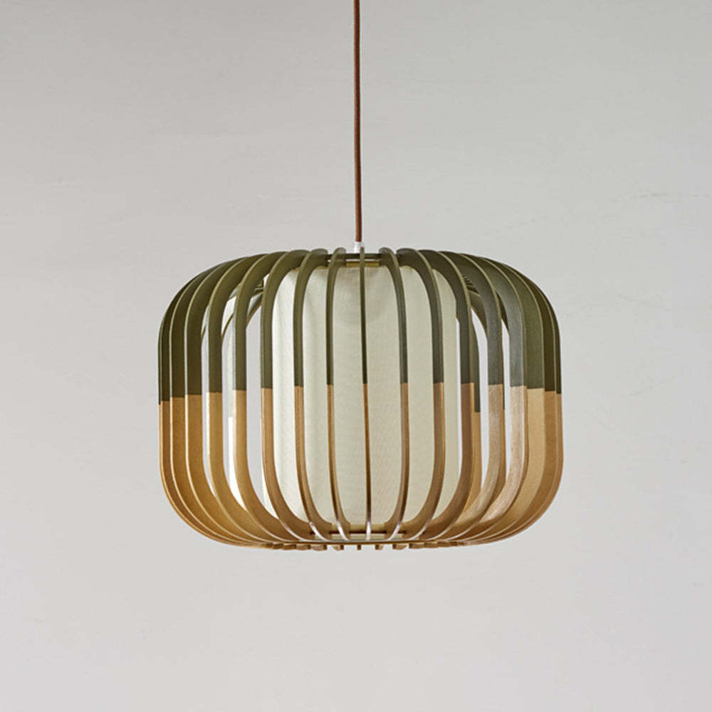 Muto Wood Birdcage Pendant Light — Modern Oval Shape, 3-Color Adjustable Lighting