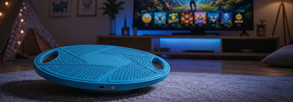 Balance board on the floor in front of a TV showing games