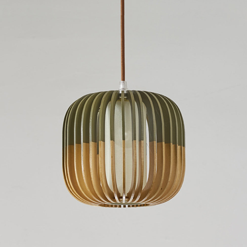 Muto Wood Birdcage Pendant Light — Modern Oval Shape, 3-Color Adjustable Lighting
