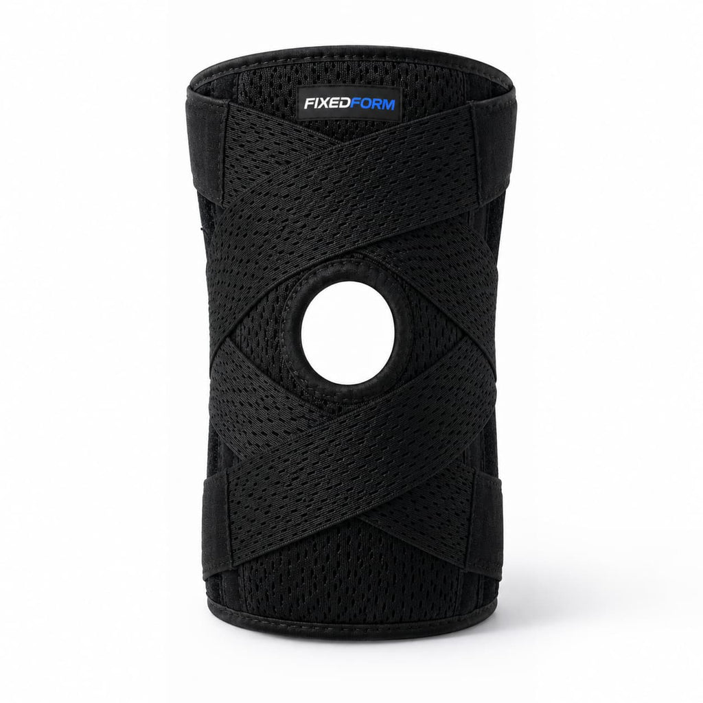 Black knee brace standing upright, front view