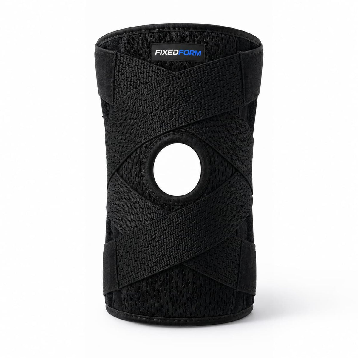 Black knee brace standing upright, front view