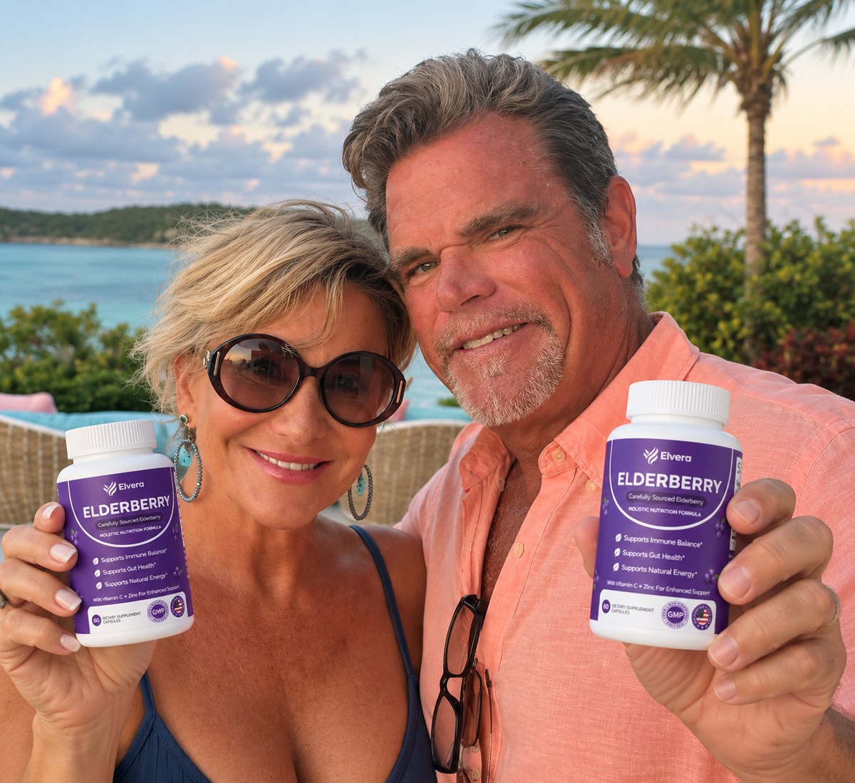 Couple on holiday each holding a bottle of elderberry capsules