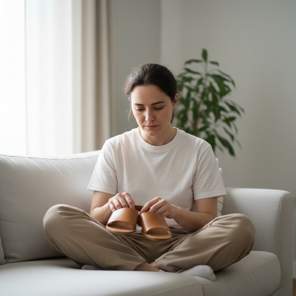 Woman sitting on a sofa holding a pair of sandals