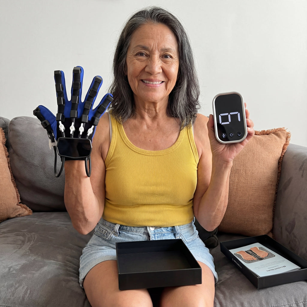 Woman on a sofa wearing the training glove and holding the control module