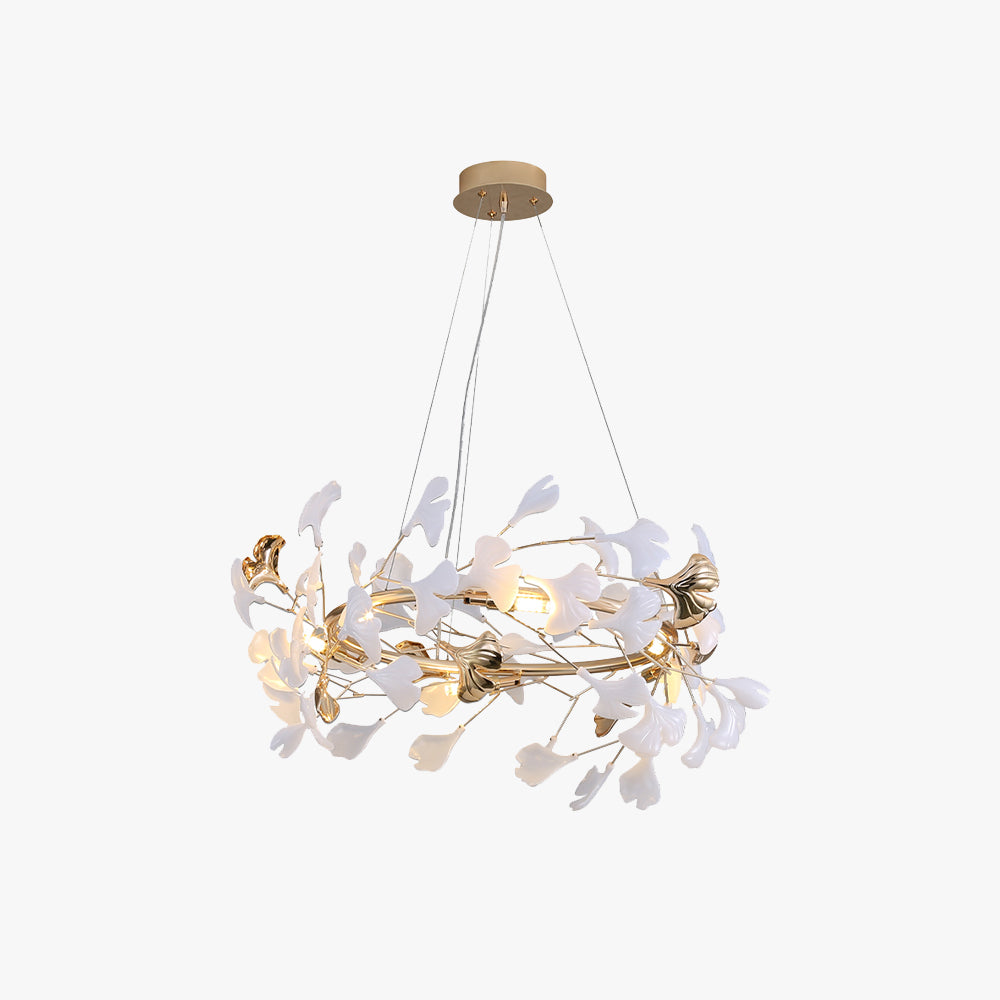 Olivia moderne lysekrone med ginkgo-blad i metall — kronblomstformet, gull