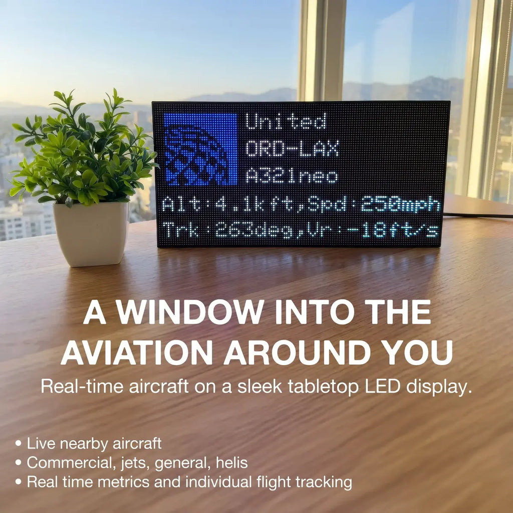 FlightWall - Mini display showing aviation information with a plant and window view in the background
