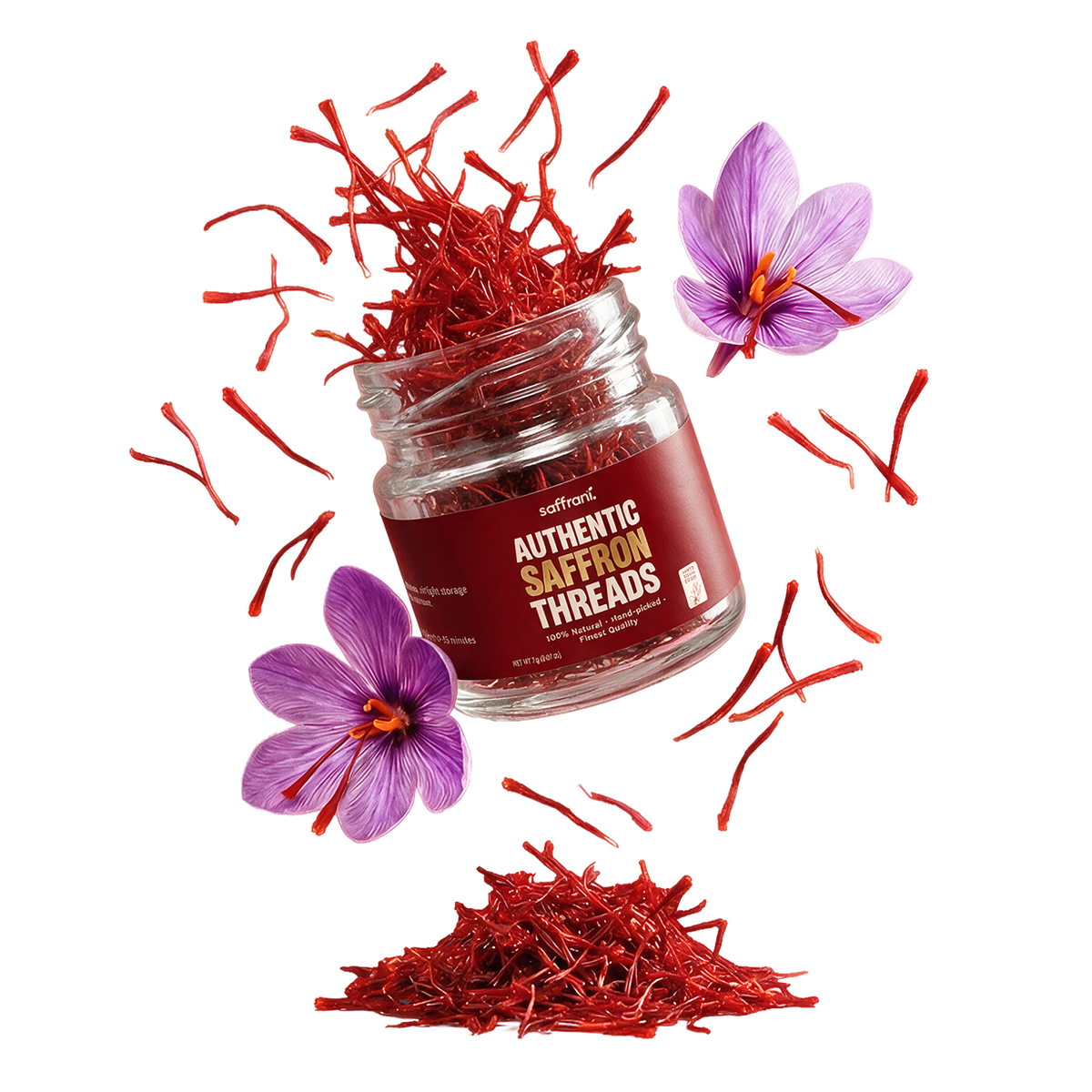 Saffron jar surrounded by red threads and purple crocus flowers