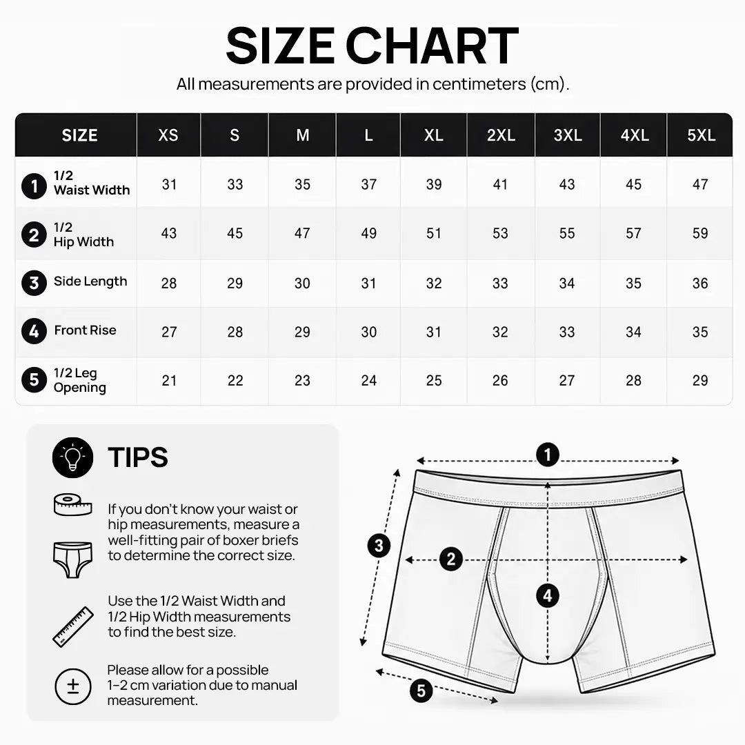 Size chart with waist, hip, side length, front rise and leg opening measurements in centimetres