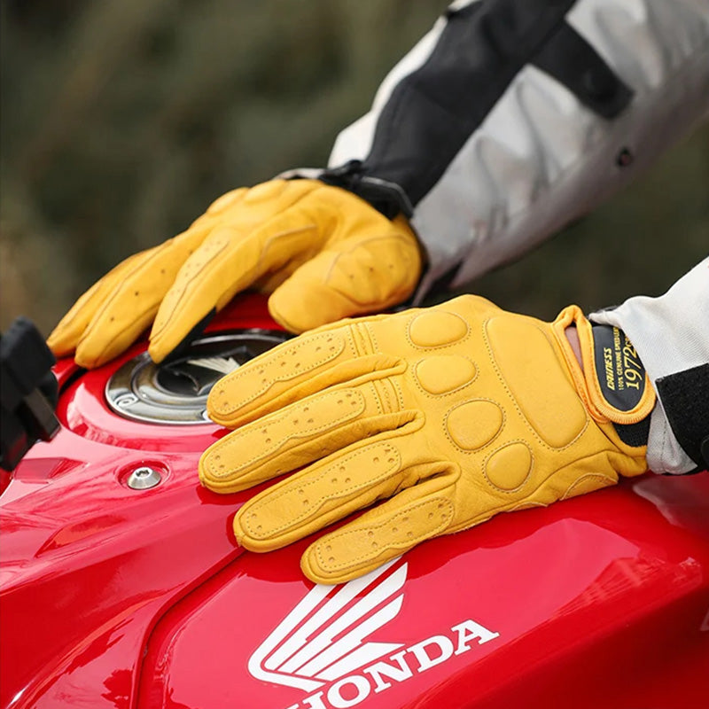 Guanti da motociclista in pelle bovina vintage 1972 - Touchscreen e protettivi