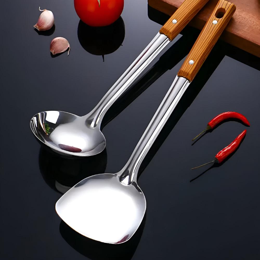 Set Peralatan Dapur Keluli dengan Pemegang Kayu (5 Set)