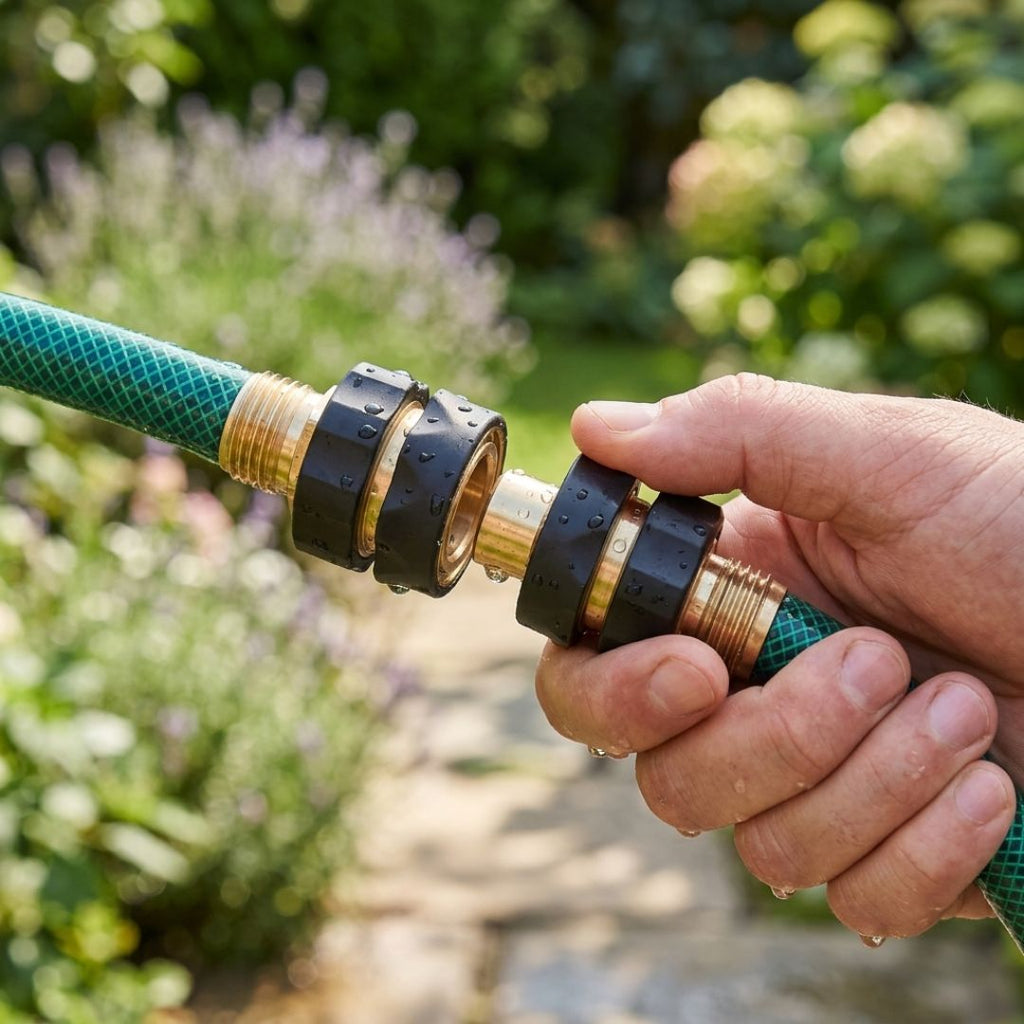 Hand clicking two garden hose quick connectors together in a flower garden