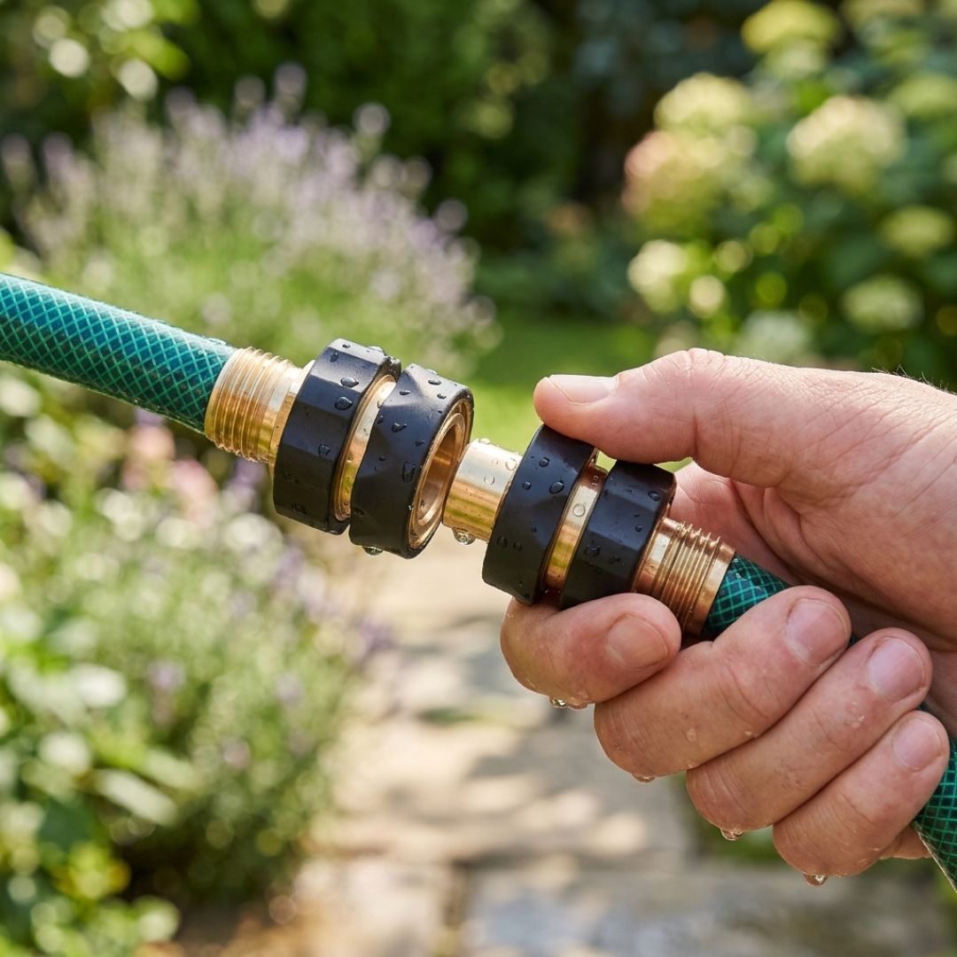 Hand clicking two garden hose quick connectors together in a flower garden