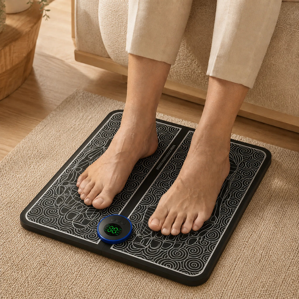 EMS Foot Massager Pad – 8 Modes, 19 Intensity Levels, Remote, Foldable