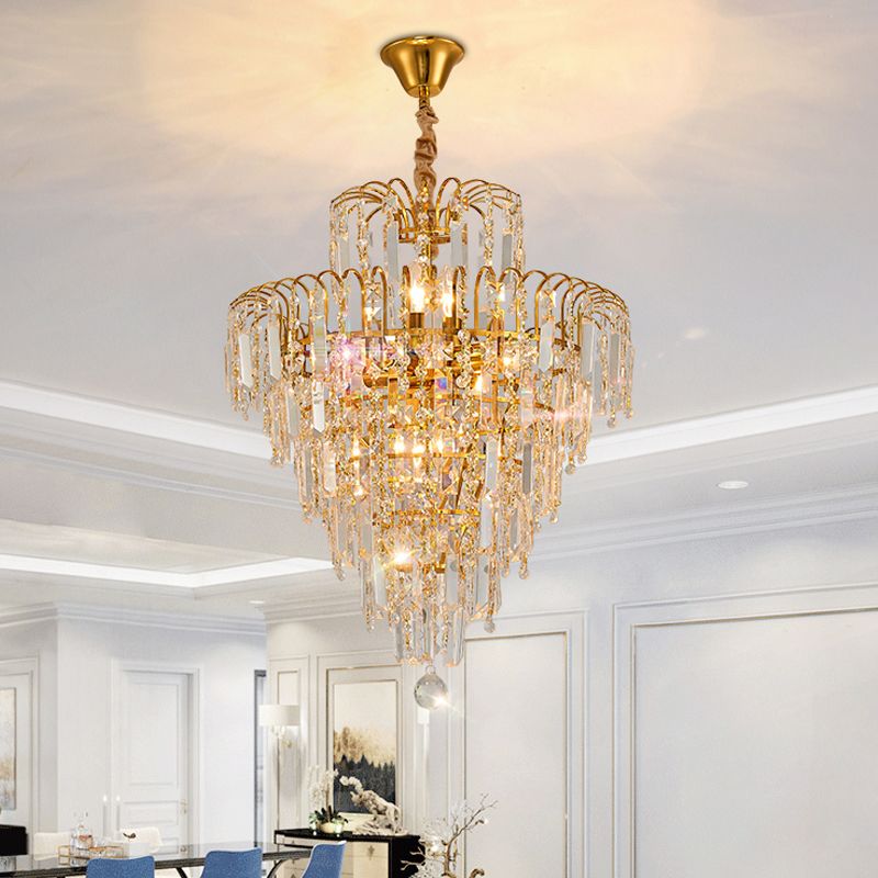 Lustre en cristal doré Kristy de luxe à 5 rangées de pampilles — alimentation câblée, assemblage requis, couverture de 5–10㎡