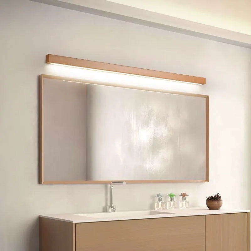 Applique murale linéaire Muto - panneau avant miroir, contour en bois, éclairage de miroir
