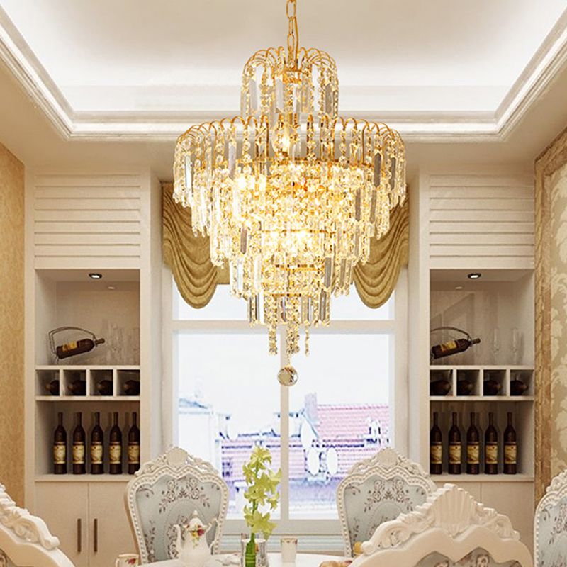 Lustre en cristal doré Kristy de luxe à 5 rangées de pampilles — alimentation câblée, assemblage requis, couverture de 5–10㎡