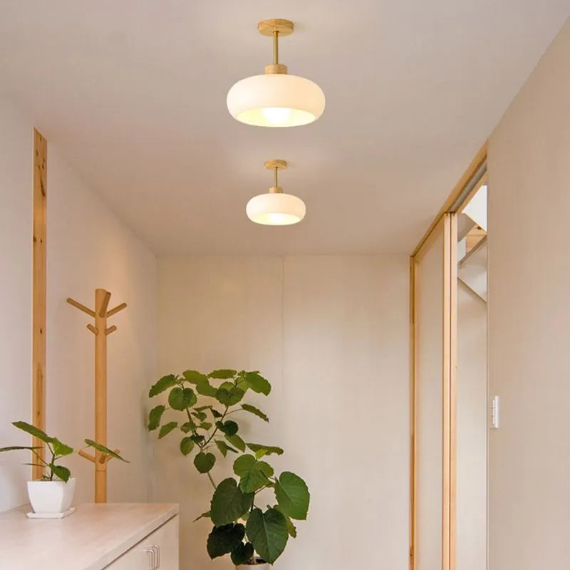 Valentina Flush Mount Ceiling Light — Minimalist Wood and Glass, White/Orange