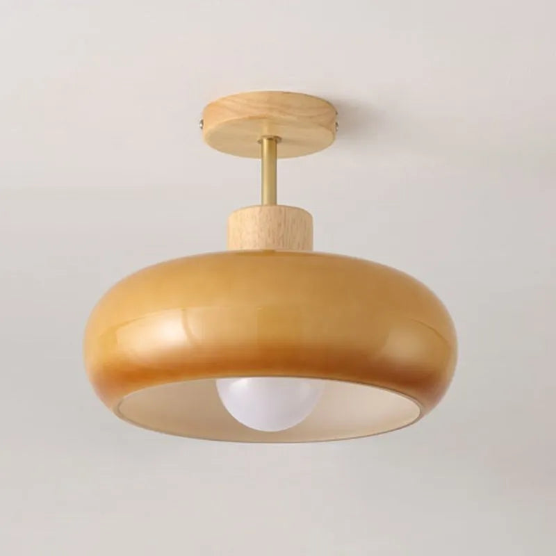 Valentina Flush Mount Ceiling Light — Minimalist Wood and Glass, White/Orange