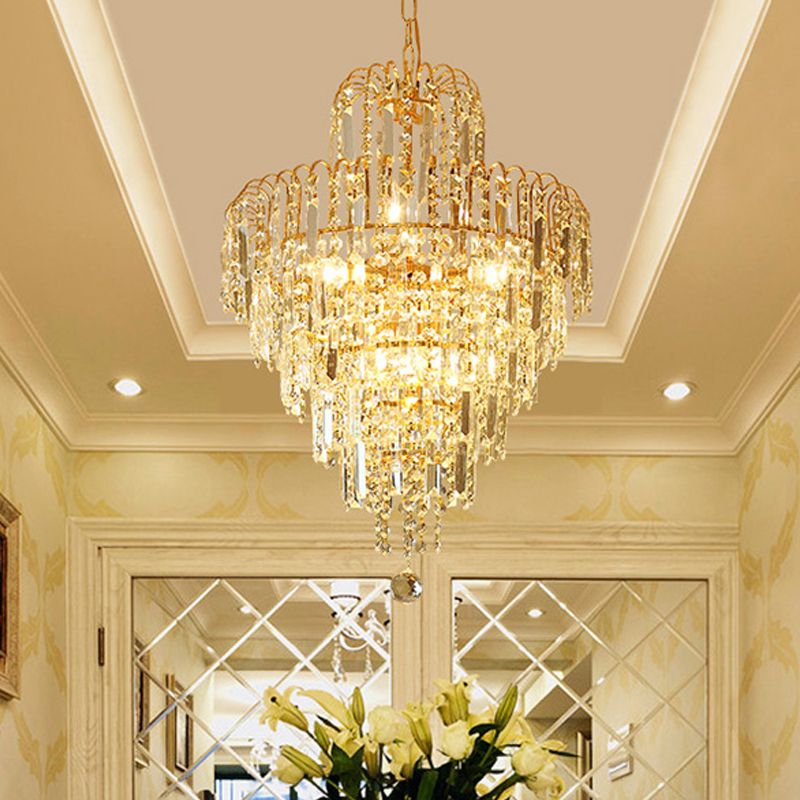 Lustre en cristal doré Kristy de luxe à 5 rangées de pampilles — alimentation câblée, assemblage requis, couverture de 5–10㎡