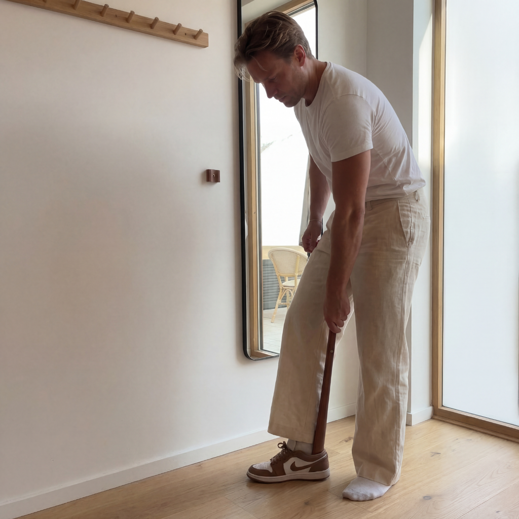 Încălțător lung din lemn – 53 cm, lemn masiv de fag, suport magnetic de perete fără găurire