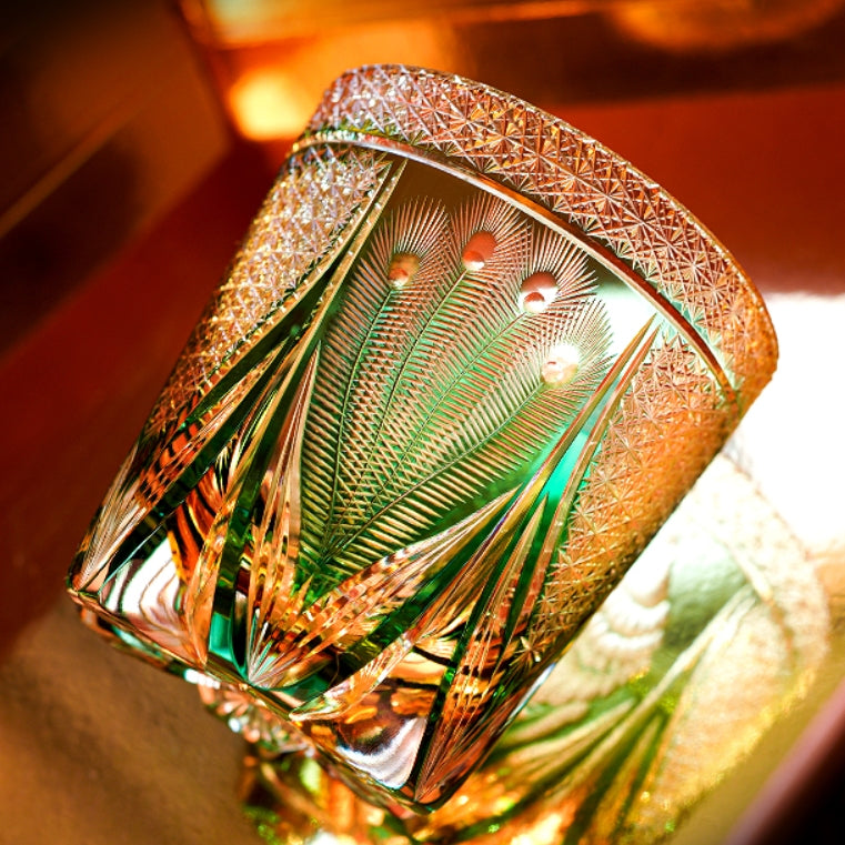 江户切子手工制作翡翠孔雀威士忌杯，配木盒