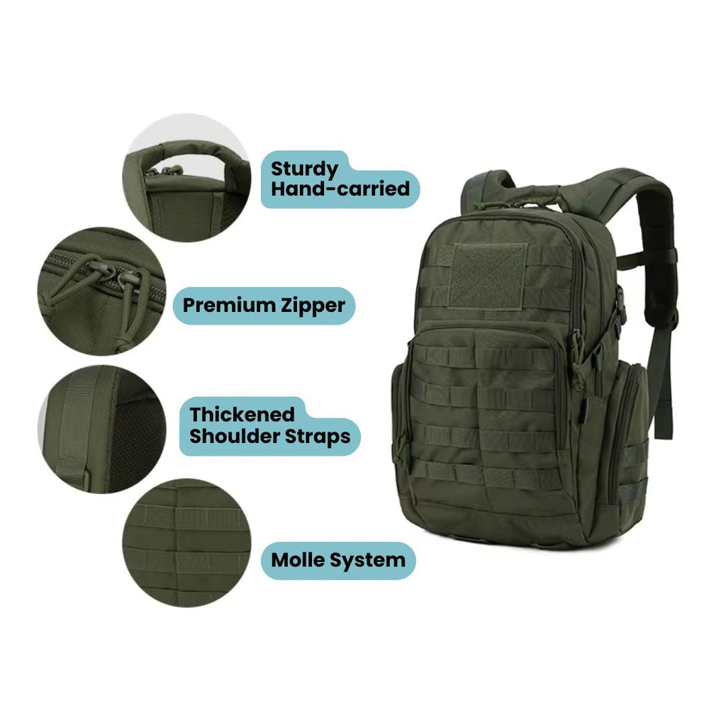 25L Tactical Backpack - 600D Water-Resistant - MOLLE & Hydration Compartment - Green, Black & Khaki