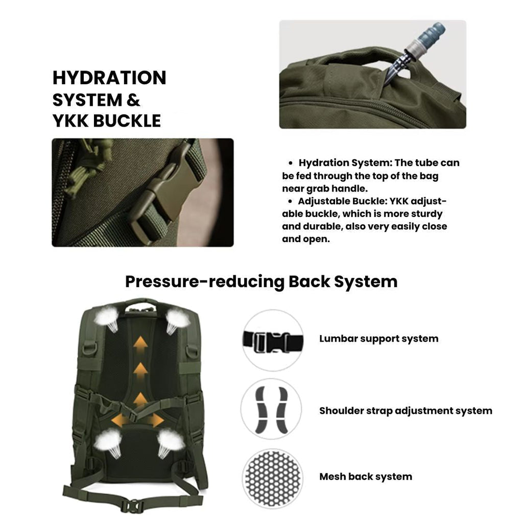 25L Tactical Backpack - 600D Water-Resistant - MOLLE & Hydration Compartment - Green, Black & Khaki