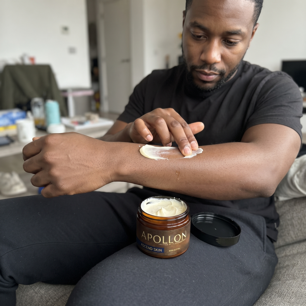 Man applying body butter to his forearm