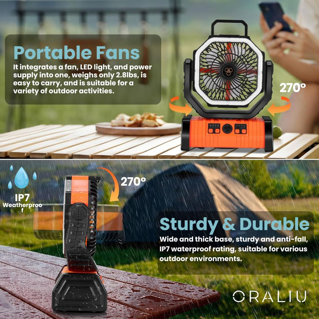 Kempingový ventilátor s LED světlem a powerbankou 20000mAh – USB dobíjecí – zelený a oranžový