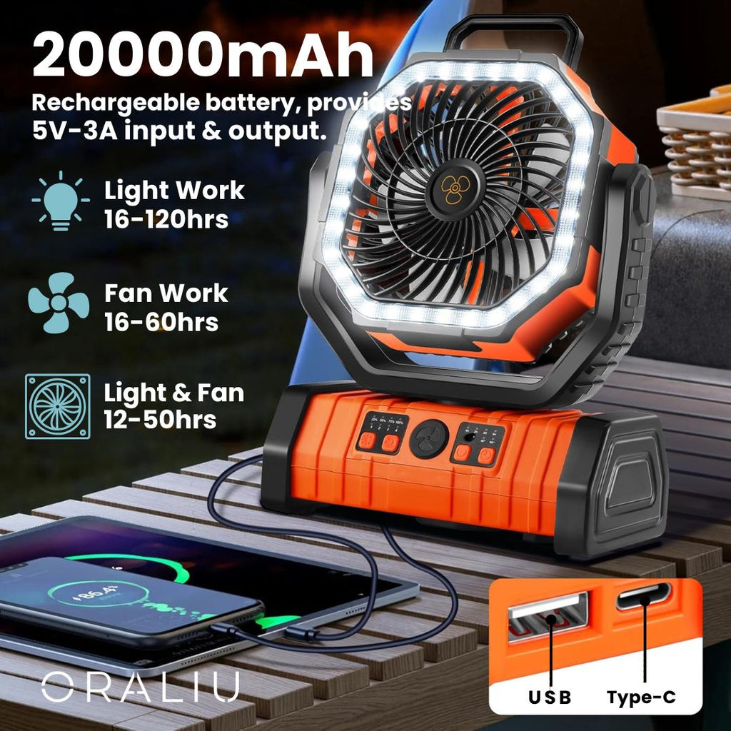 Kempingový ventilátor s LED světlem a powerbankou 20000mAh – USB dobíjecí – zelený a oranžový
