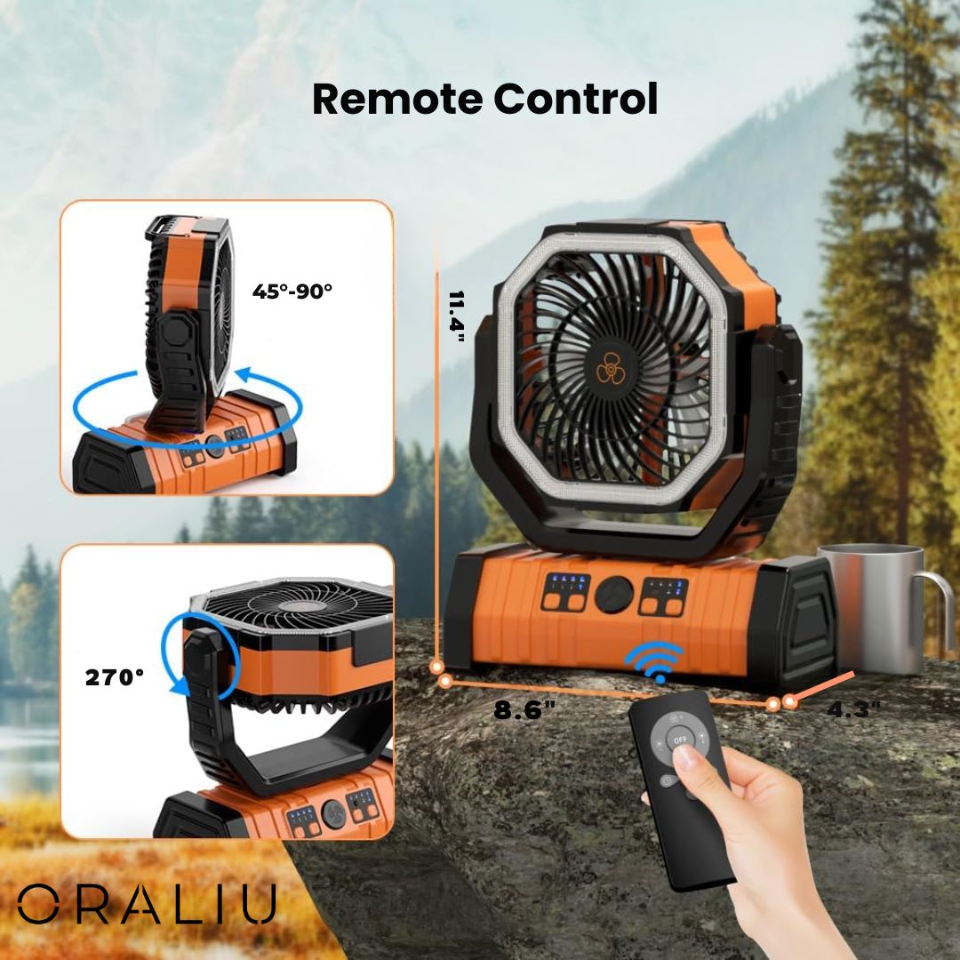 Kempingový ventilátor s LED světlem a powerbankou 20000mAh – USB dobíjecí – zelený a oranžový