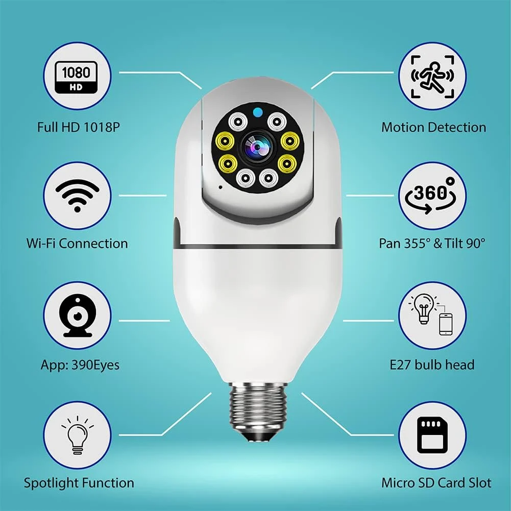 Caméra de sécurité extérieure sans fil WiFi HD avec détection de mouvement intégrée dans une ampoule lumineuse