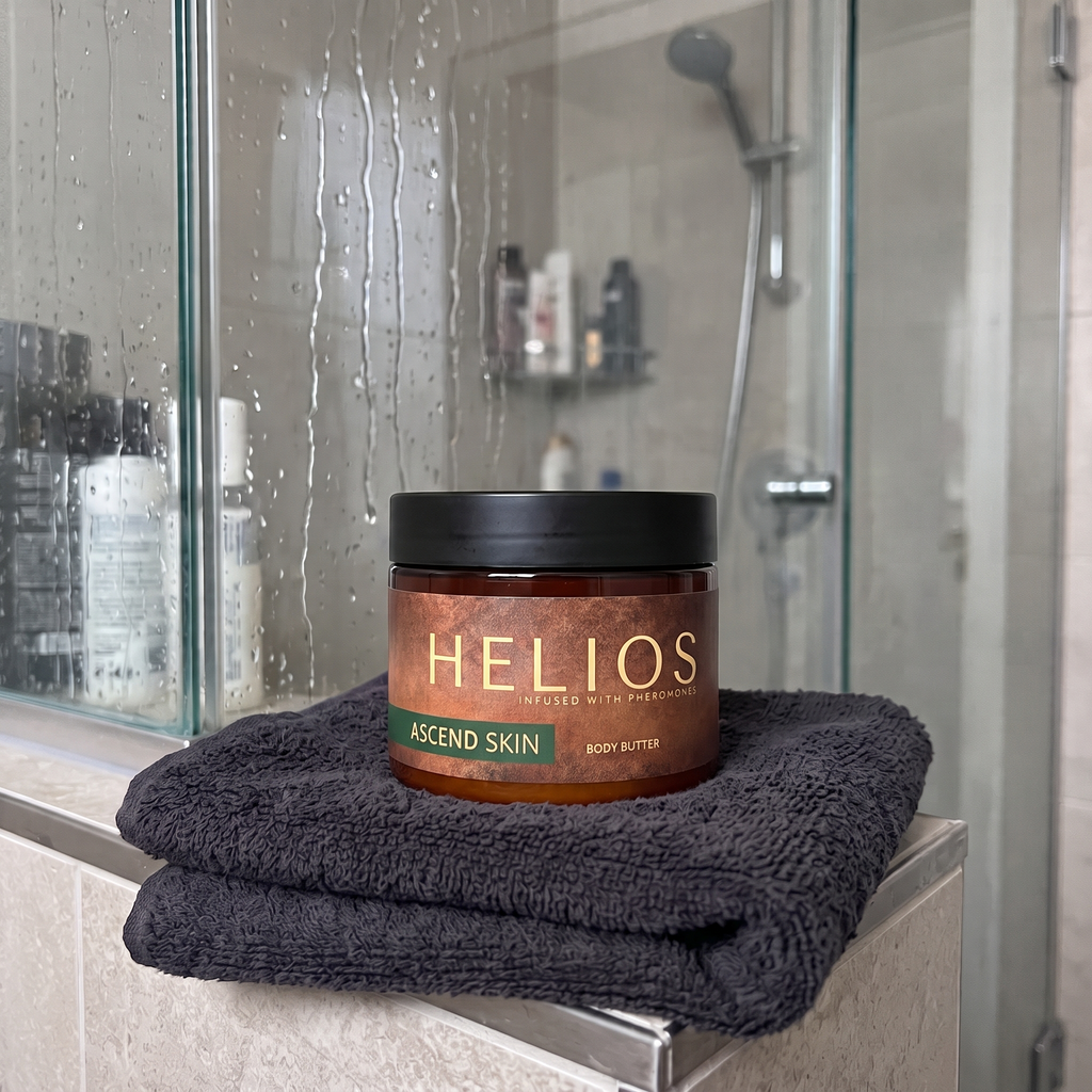 Body butter jar on a towel in a bathroom