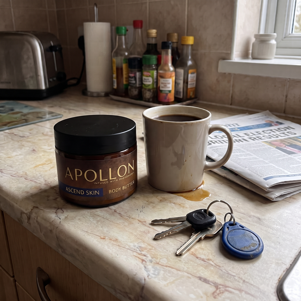 Body butter jar on a kitchen counter next to coffee and keys