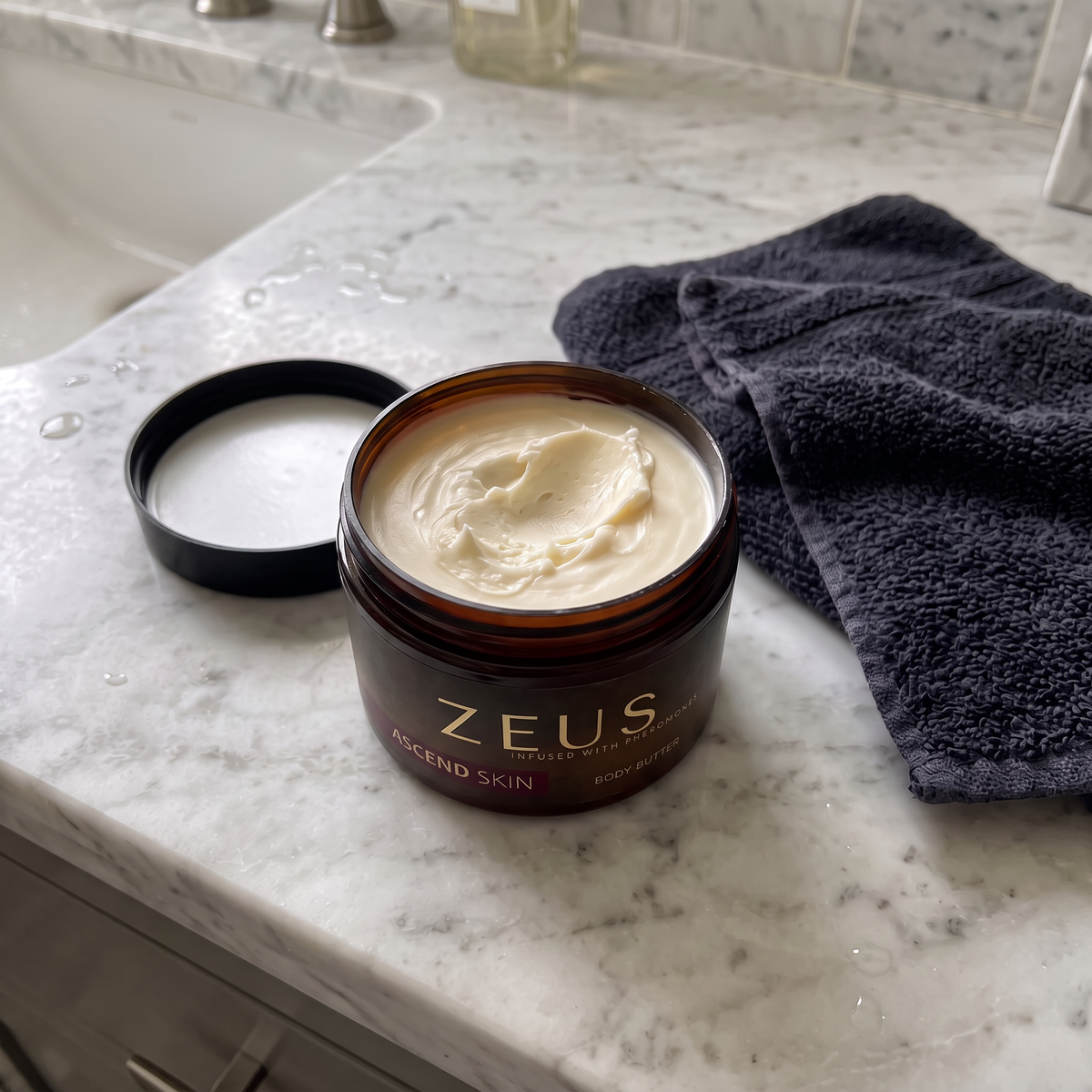Open jar of body butter on a bathroom counter