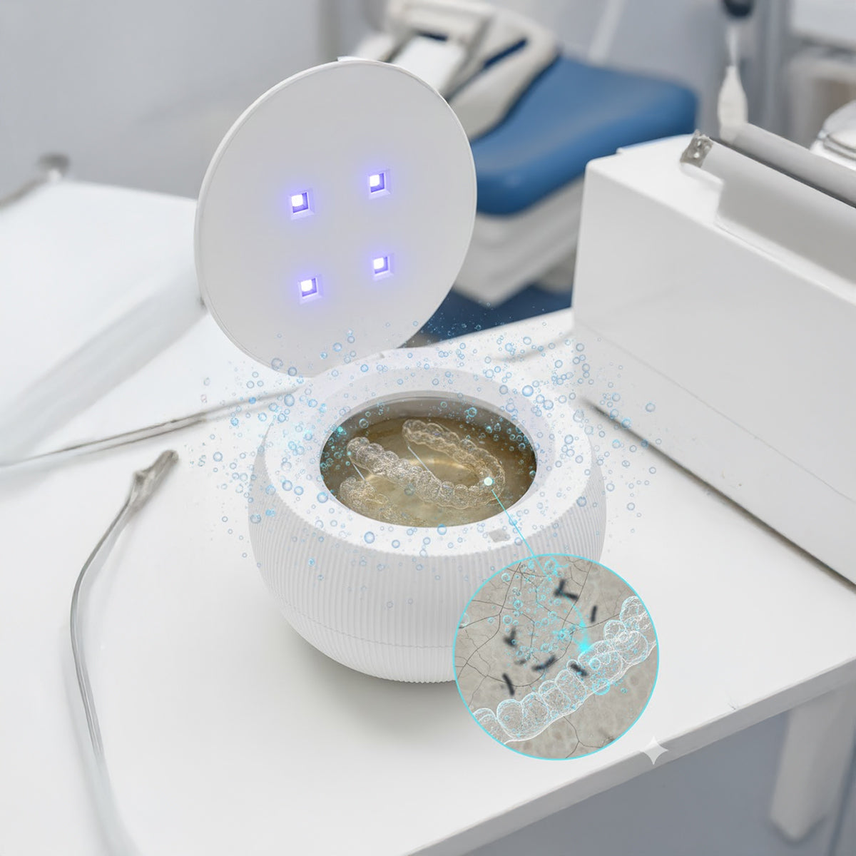 Ultrasonic cleaner at work with bubbles moving through the water in the tank