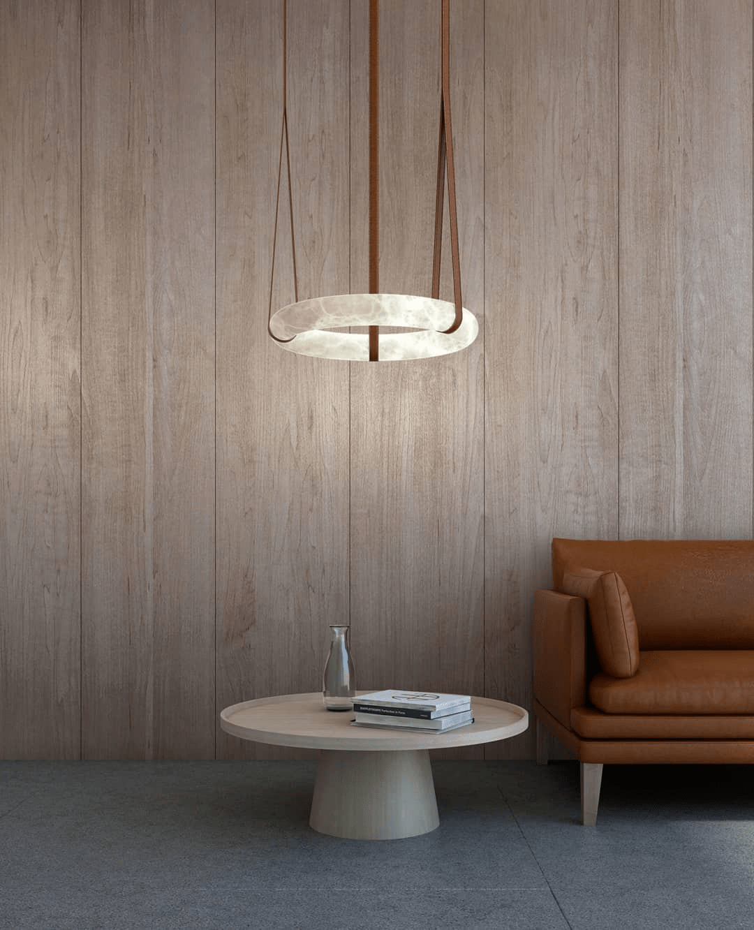 Oslo Alabaster Pendelleuchte A — handgeschnitzter Alabasterring, Lederband