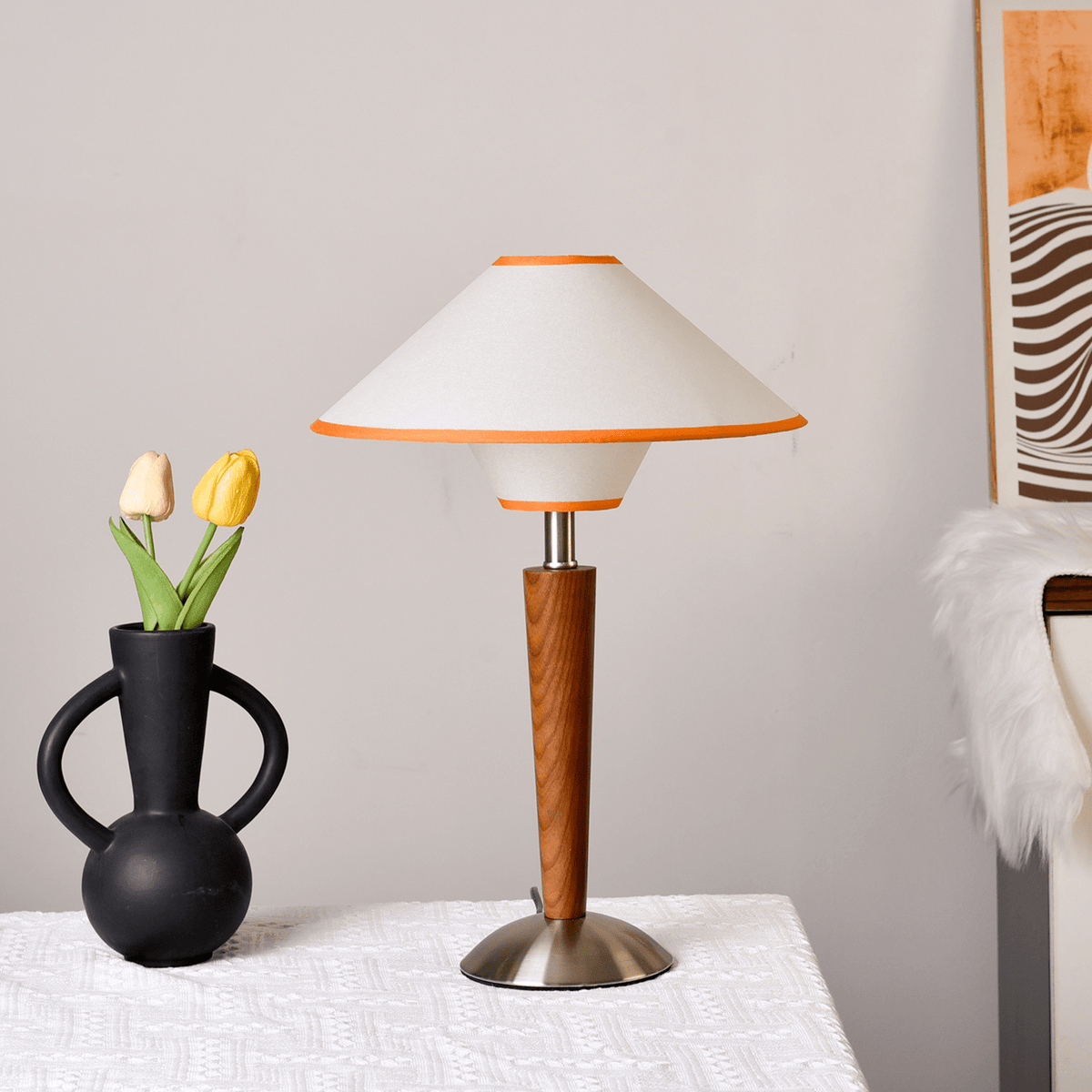 Talonwood Table Lamp — ∅11.8″ × H17.3″, Tan And Walnut Variant