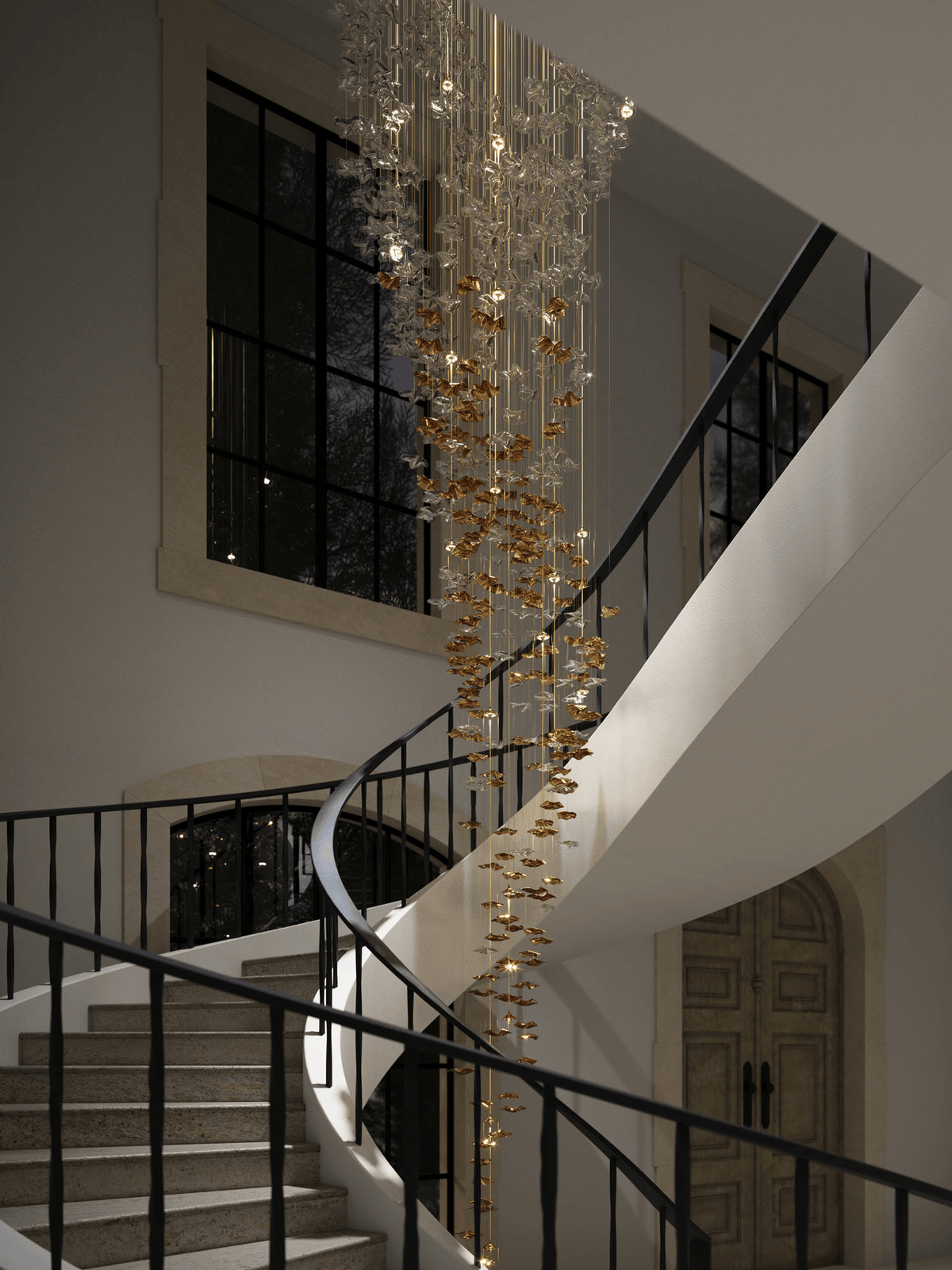 Grande lampadario a foglie di cristallo Nephele — Rosone 210x80cm, onde a cascata