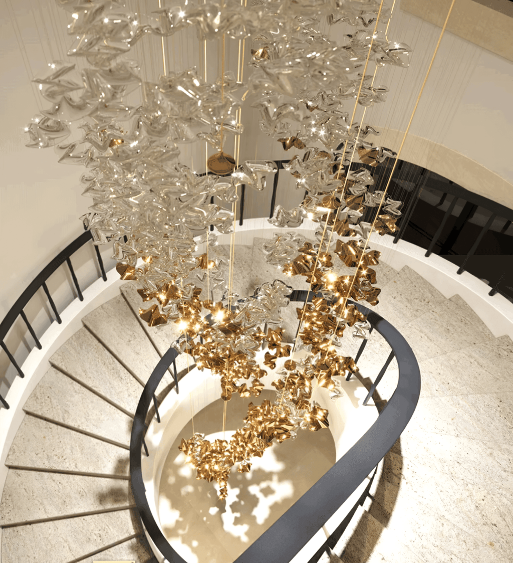 Grande lampadario a foglie di cristallo Nephele — Rosone 210x80cm, onde a cascata